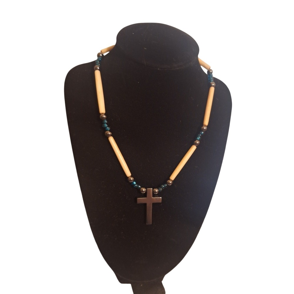 Cross‎ Pendant Necklace Teal Glass Cream Hairpipe Beaded Southwestern Style
